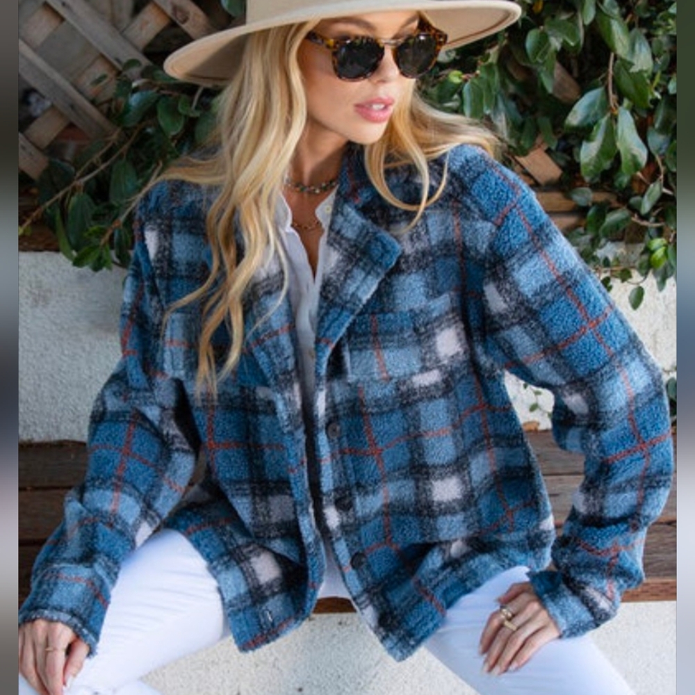 BLAKELY Women's Blue Plaid Sherpa Teddy Shirt Jacket